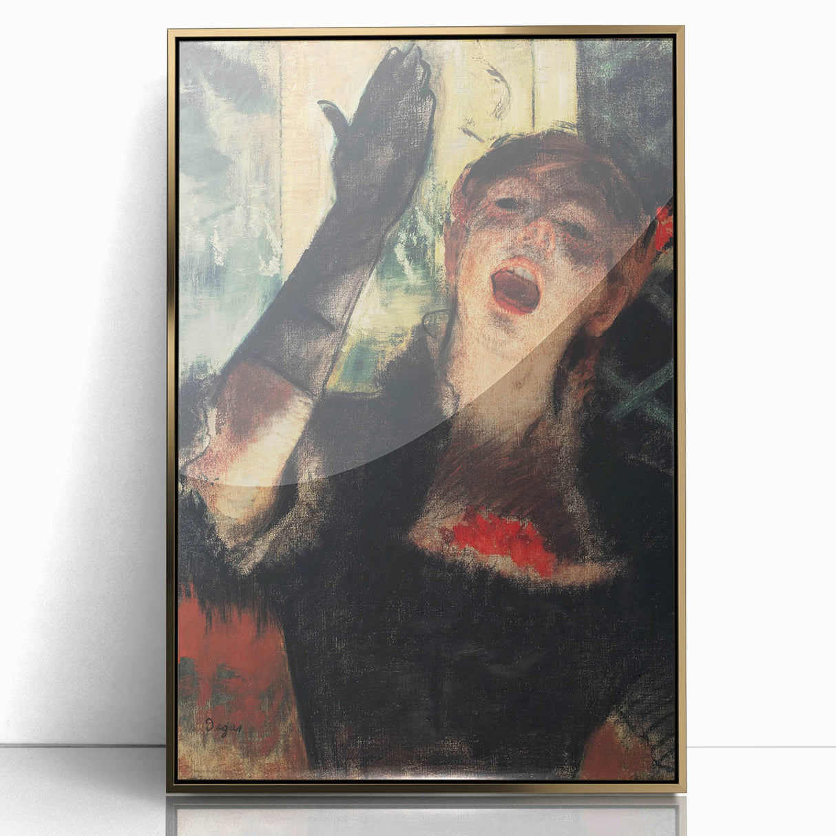 Large art print of Edgar Degas' dancers in pastel shades, framed in gold acrylic, ideal for nursery or modern art wall decor.