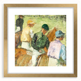 Extra large, textured abstract art print of dancers, in muted earth tones, framed in gold, ideal for living room decor.