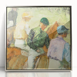 Mid-century modernist art featuring an Edgar Degas ballet scene in muted colors on a silver-framed acrylic.