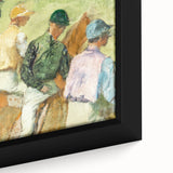 Close-up of a textured Edgar Degas painting on black framed canvas, featuring colorful, impressionist dance scene.