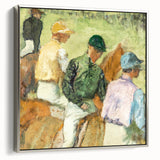 Landscape art painting by Edgar Degas, featuring colorful figures on black background, framed in silver.