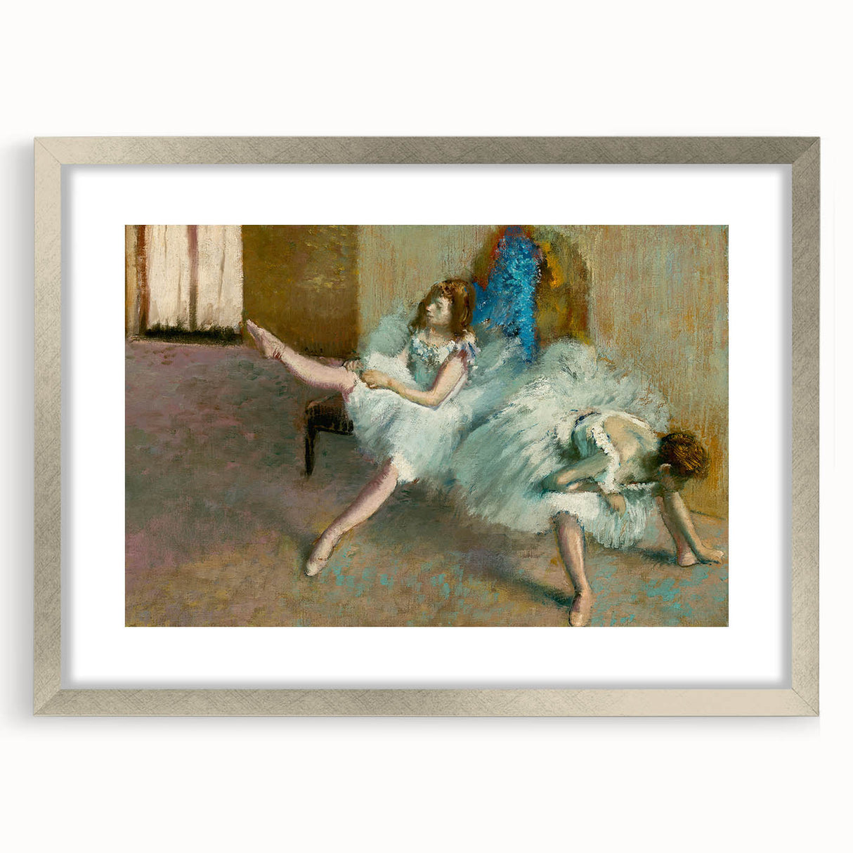 Textured art print of an abstract Edgar Degas design in silver frame, featuring soft pastel shades, ideal for bedroom art.