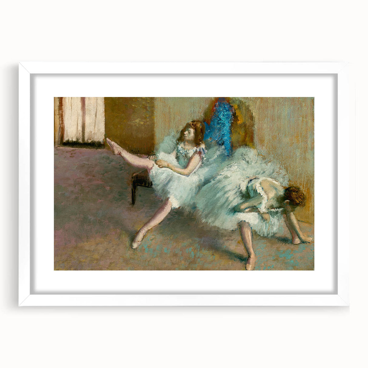 Abstract art print of Edgar Degas design in white frame, featuring pastel shades, ideal for bedroom or dining room decor.