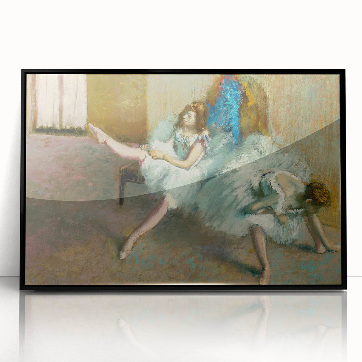 Large abstract wall art featuring Edgar Degas-inspired dancers in muted earth tones, framed in black acrylic.