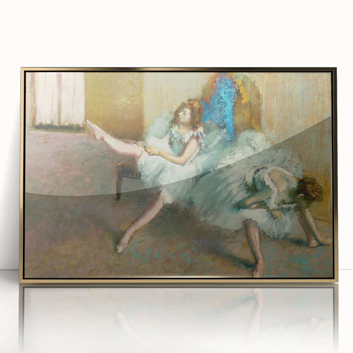 Mid-century modernist art print of Edgar Degas' dancers, framed in gold acrylic, ideal for nursery wall decor.