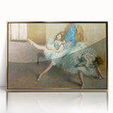 Mid-century modernist art print of Edgar Degas' dancers, framed in gold acrylic, ideal for nursery wall decor.