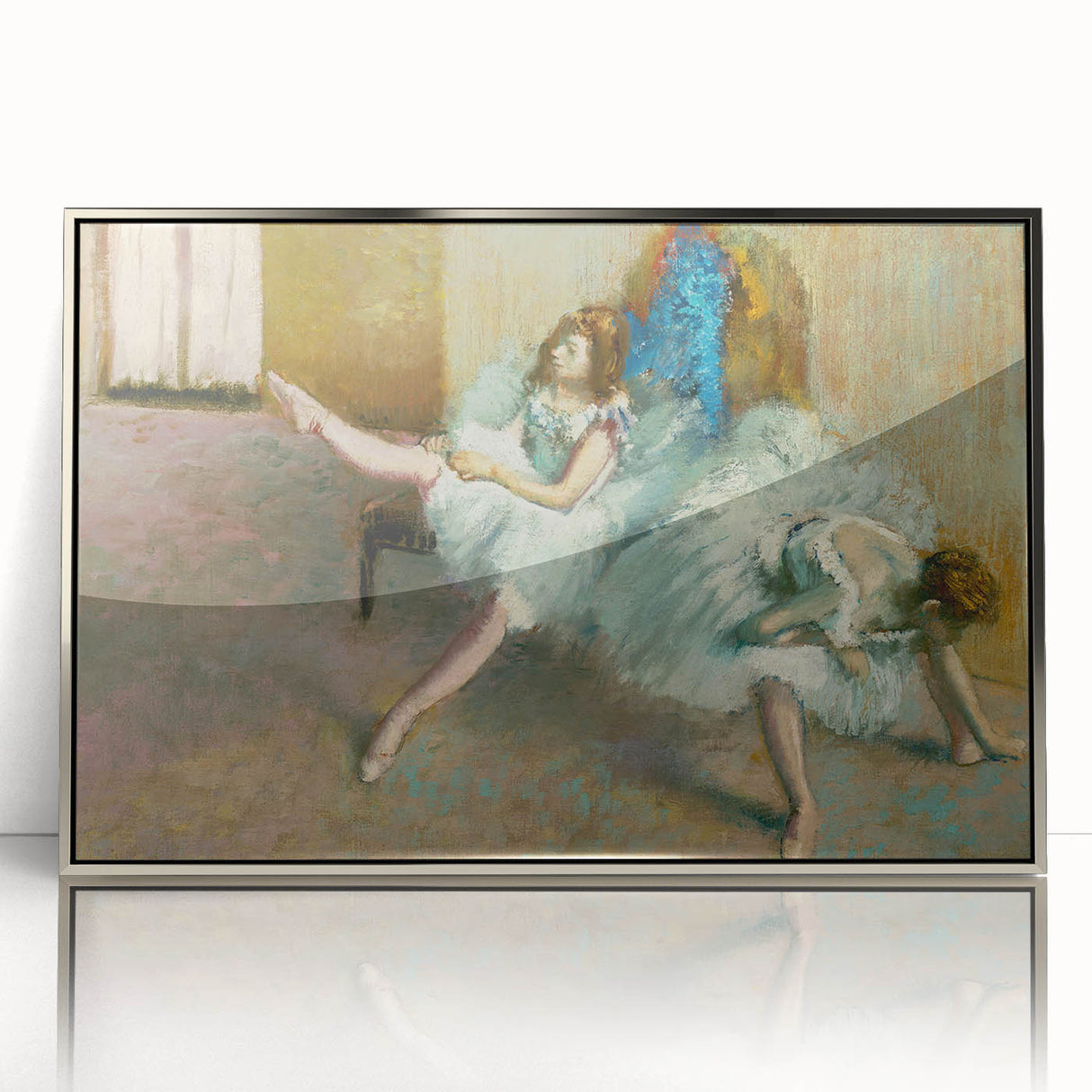 Mid-century modernist art by Edgar Degas, featuring a ballet dancer in pastel shades, silver-framed acrylic.