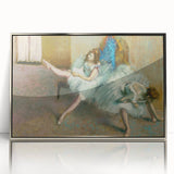 Mid-century modernist art by Edgar Degas, featuring a ballet dancer in pastel shades, silver-framed acrylic.