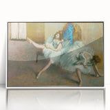 Edgar Degas-inspired ballerina painting on white acrylic framed canvas, showcasing soft pastel shades.