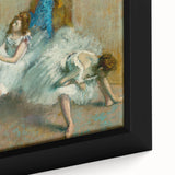 Close-up of a textured Edgar Degas-inspired painting on framed canvas, featuring a dancer in pastel shades.