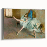 Landscape art painting featuring a vintage black poster of a colorful Edgar Degas design on framed canvas.