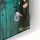 Mid-century modernist abstract design in muted blue and green tones on acrylic glass, ideal for dining room art.