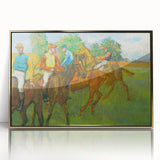 Mid-century modernist Edgar Degas acrylic print in gold frame, featuring ballet dancers in soft pastel shades.
