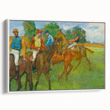 Vintage poster art of an Edgar Degas ballet scene, framed canvas in white, ideal for living room decor.