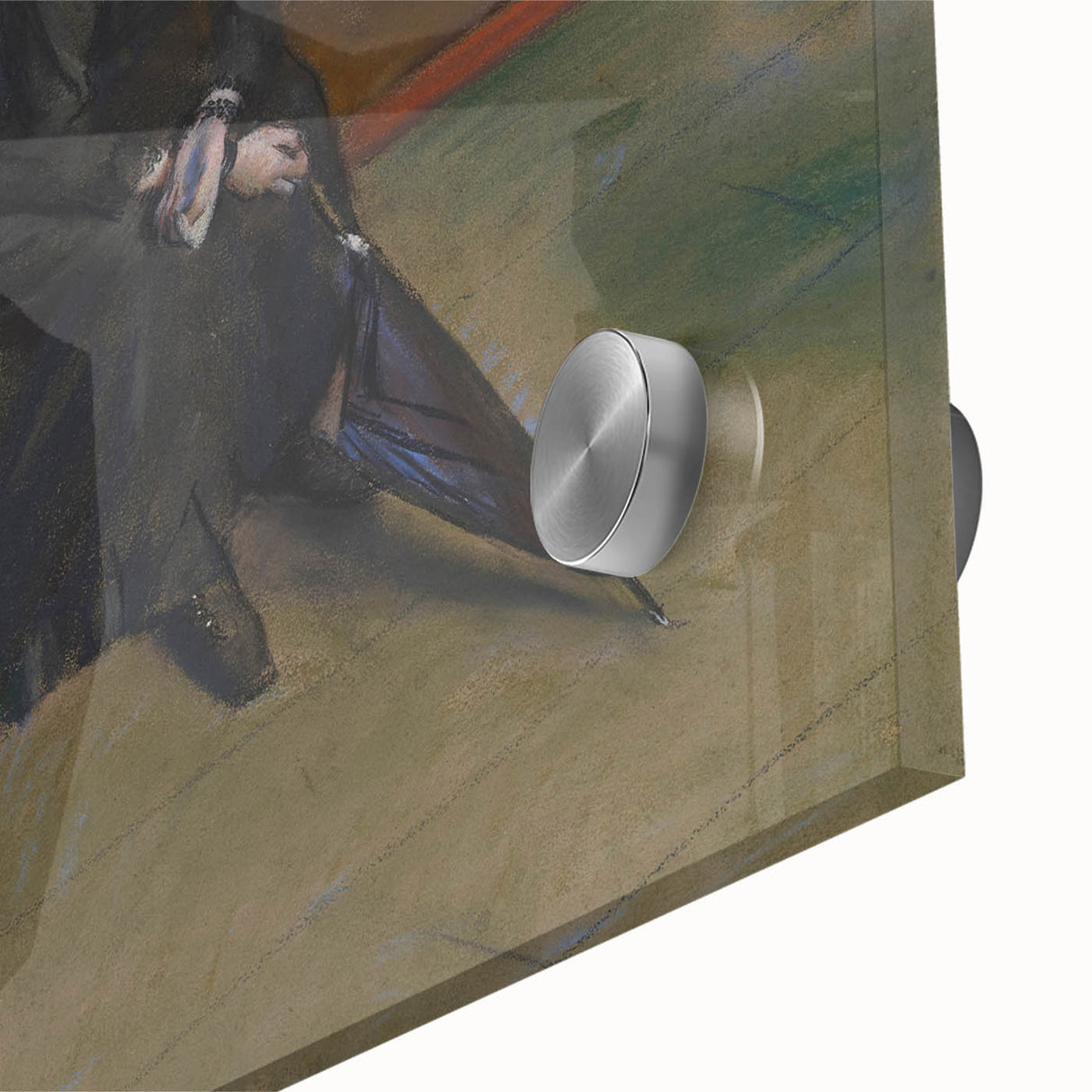 Mid-century modernist art featuring abstract forms in muted gray and blue tones on acrylic glass, ideal for dining room art.