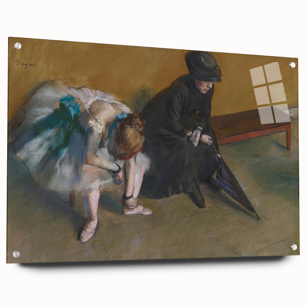 Side view of an Edgar Degas design on acrylic glass, featuring soft pastel shades, ideal for bedroom or dining room art.