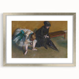 Textured art print of Edgar Degas' dancers in muted, pastel shades on a framed silver mat, suitable for bedroom decor.