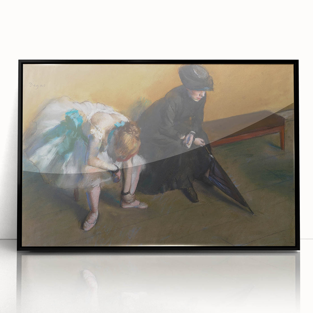 Large abstract wall art featuring a mid-century modernist design in muted earth tones, framed in black acrylic.
