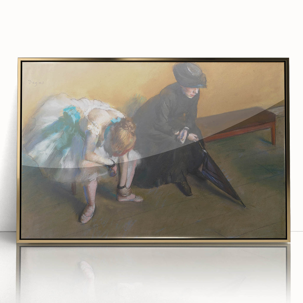 Large art print of Edgar Degas' dancers in soft pastel shades, framed in gold acrylic, suitable for nursery wall art.