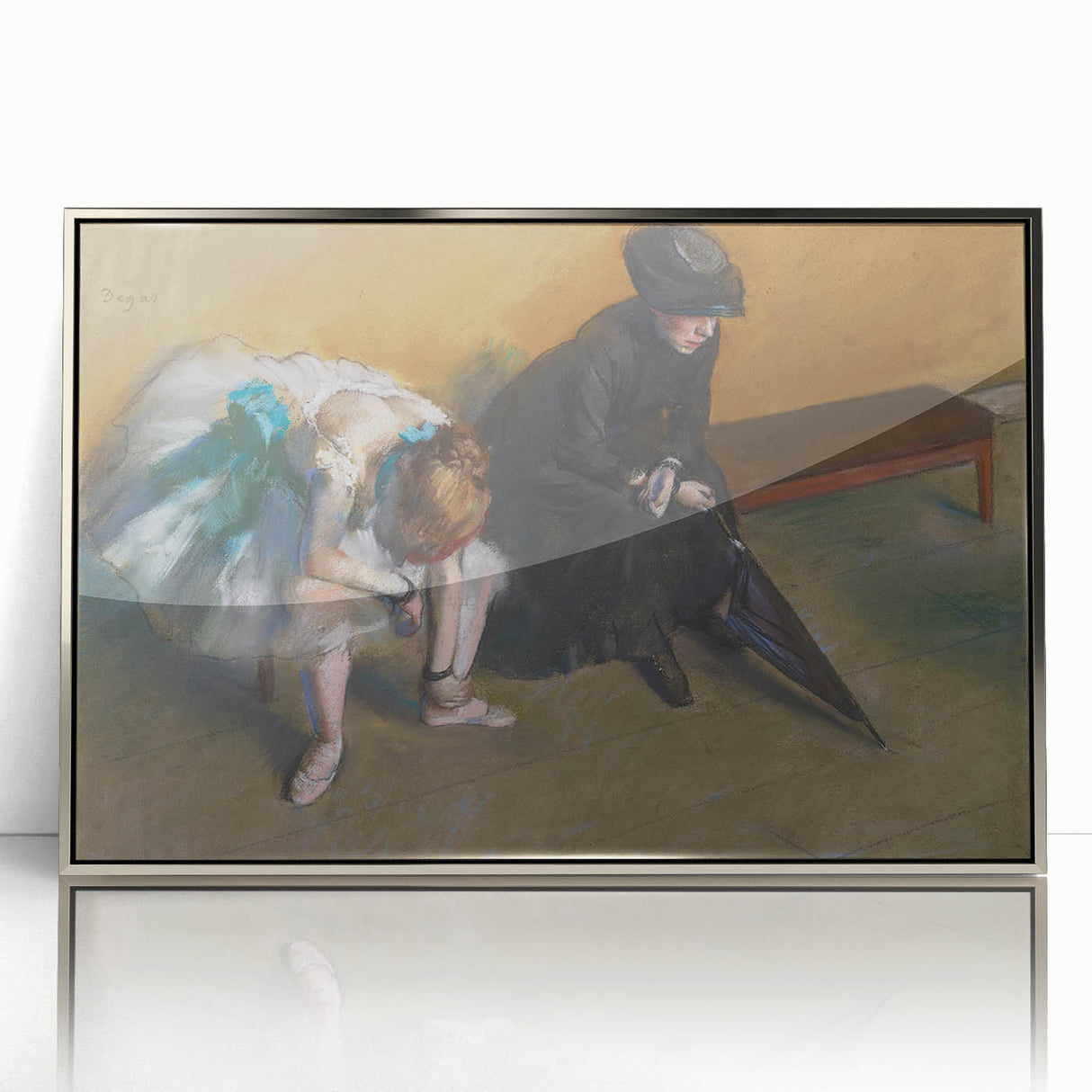 Mid-century modernist art of ballerinas, in muted pastel shades, framed acrylic, ideal for nursery wall art.