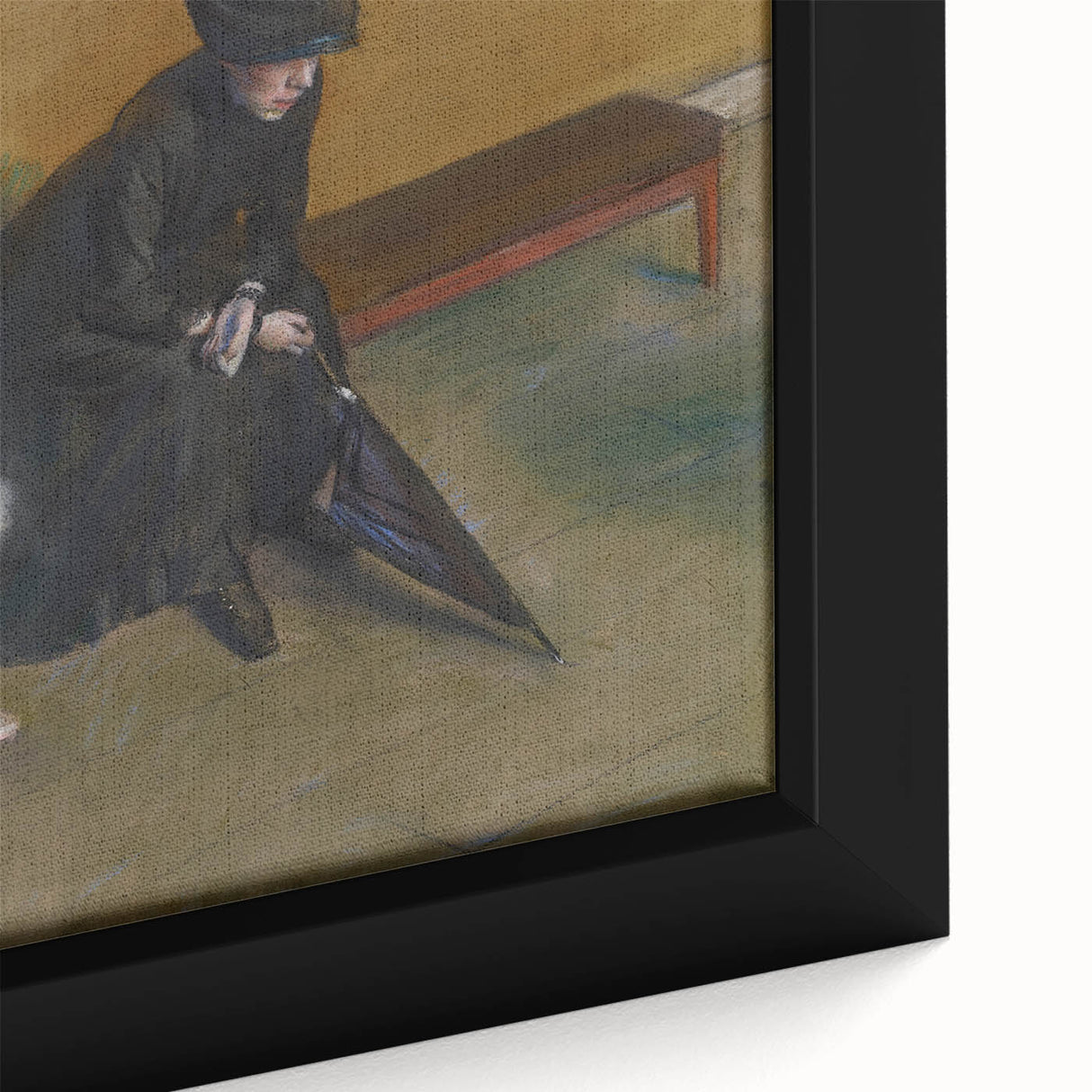 Close-up of a textured Edgar Degas impressionist painting on a black framed canvas, featuring colorful art.