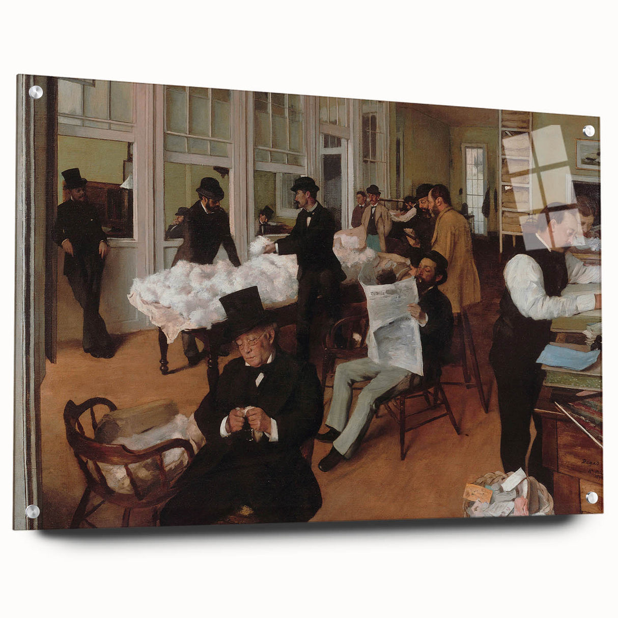 Side view of an Edgar Degas-inspired acrylic glass painting featuring dancers, in muted pastel tones.