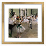 Extra large wall art featuring an abstract print of Edgar Degas' dancers, in muted pastel shades on a gold-framed canvas.