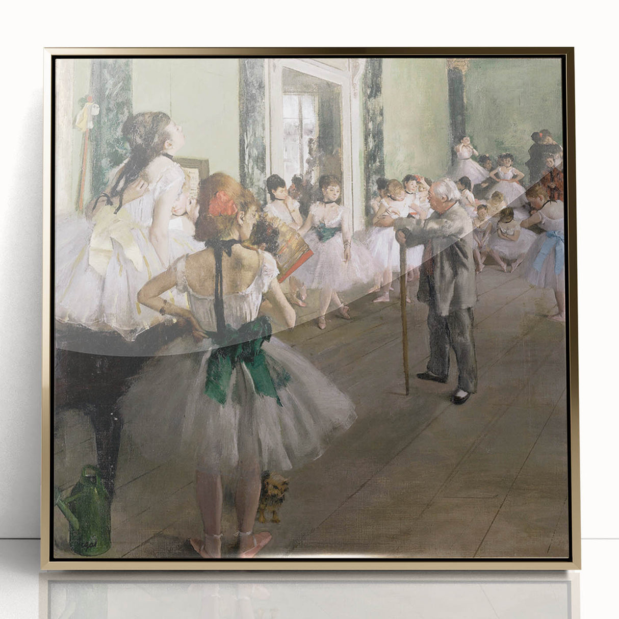 Framed acrylic print of Edgar Degas' dancers in pastel shades, ideal for nursery wall art or modern decor.