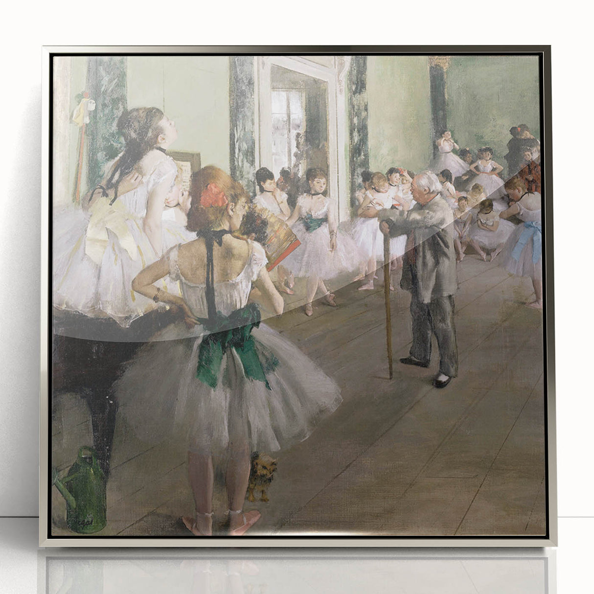 Mid-century modernist art featuring an Edgar Degas ballet dancer, in muted pastel shades on framed acrylic.