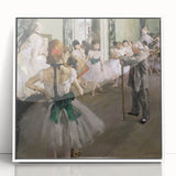 Acrylic print of Edgar Degas' dancers in pastel hues, framed in white, ideal for nursery wall art.