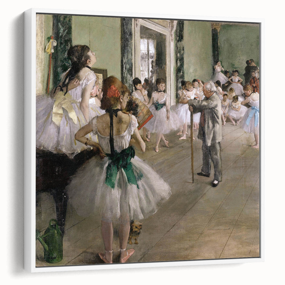 Vintage poster art of a ballet scene by Edgar Degas, featuring muted colors on a framed canvas, ideal for living room decor.