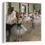 Vintage poster art of a ballet scene by Edgar Degas, featuring muted colors on a framed canvas, ideal for living room decor.