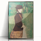 Mid-century modernist art depicting a silver-framed acrylic print of Edouard Manet's work, ideal for nursery wall art.