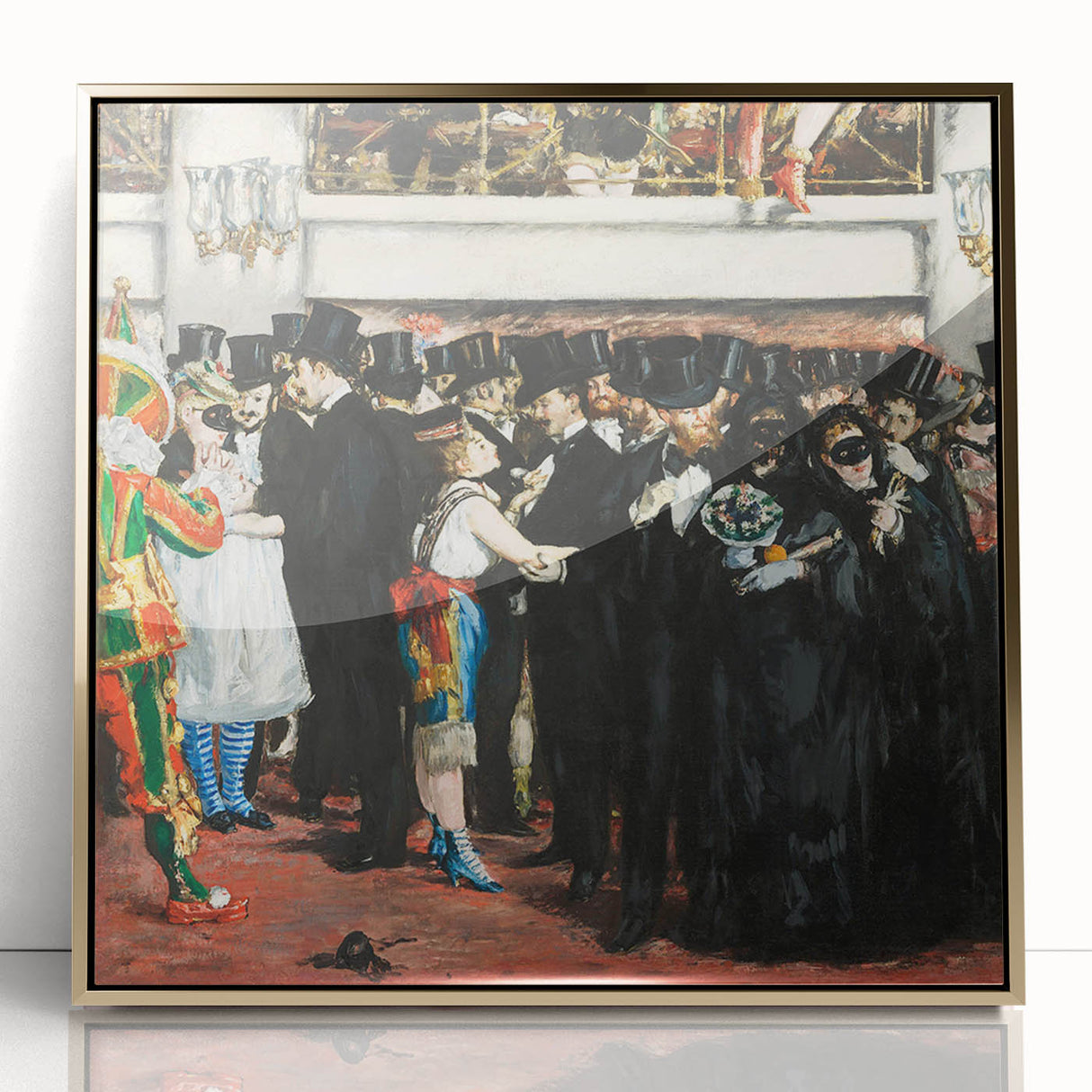 Large art print of an Edouard Manet painting in mid-century modernist style, framed in gold acrylic.