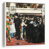 Vintage poster art of Edouard Manet's work on a large framed canvas, featuring vibrant color accents on a black background.