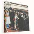 Side view of a stretched canvas depicting Edouard Manet's impressionist art, in muted earthy tones.