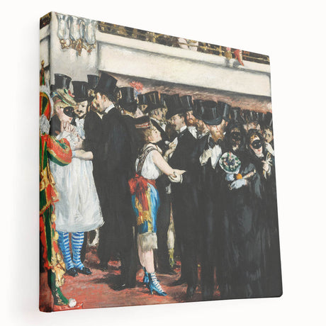 Side view of a stretched canvas depicting Edouard Manet's impressionist art, in muted earthy tones.