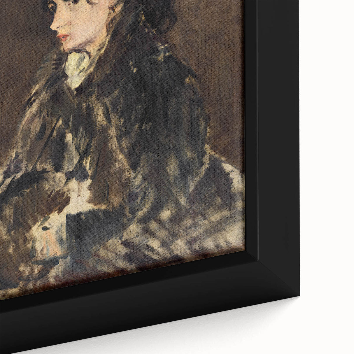 Close-up of a framed canvas featuring Edouard Manet's impressionist artwork with textured black and vibrant color accents.