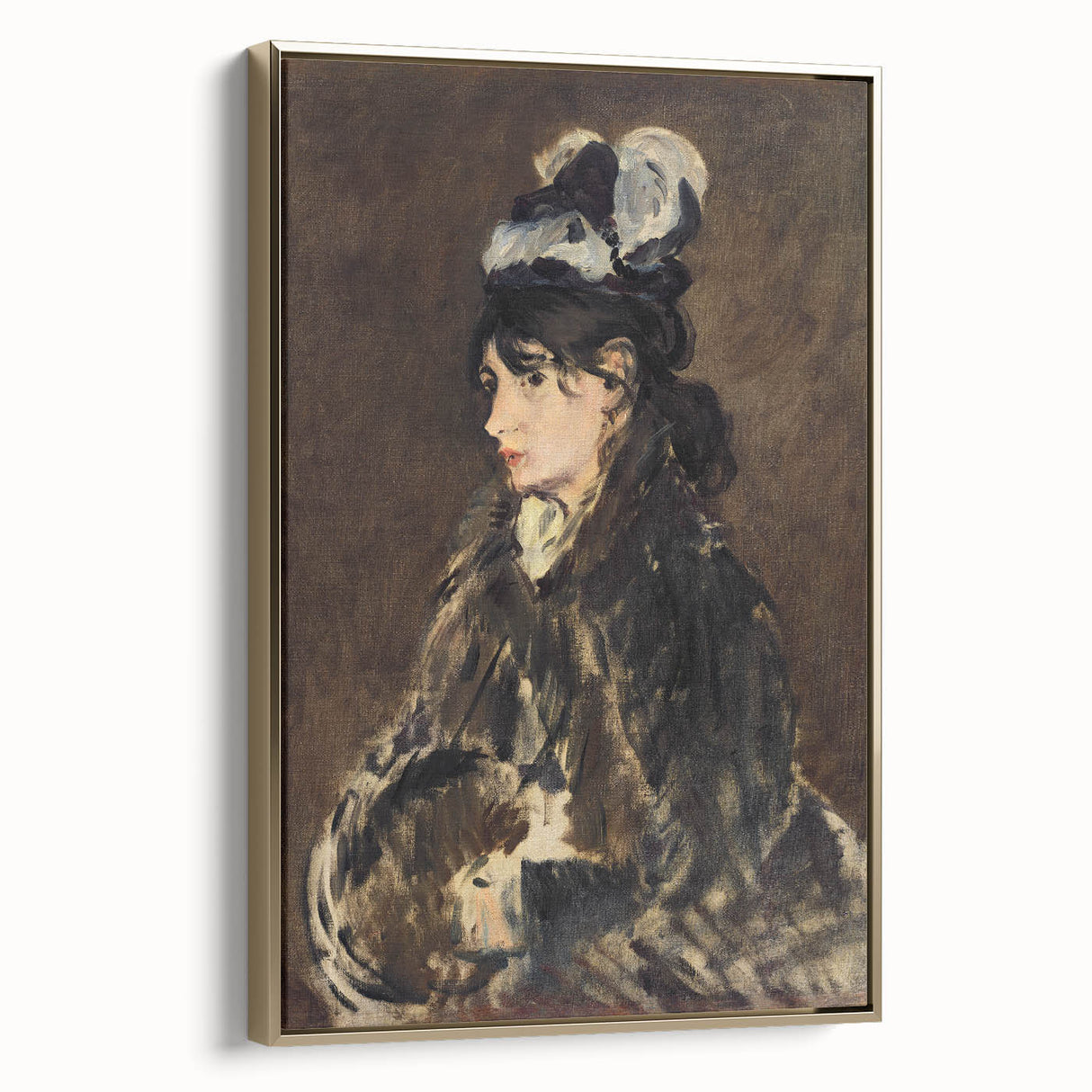 Vintage poster art depicting a black and white landscape, framed in gold, suitable as wall art for a bedroom.