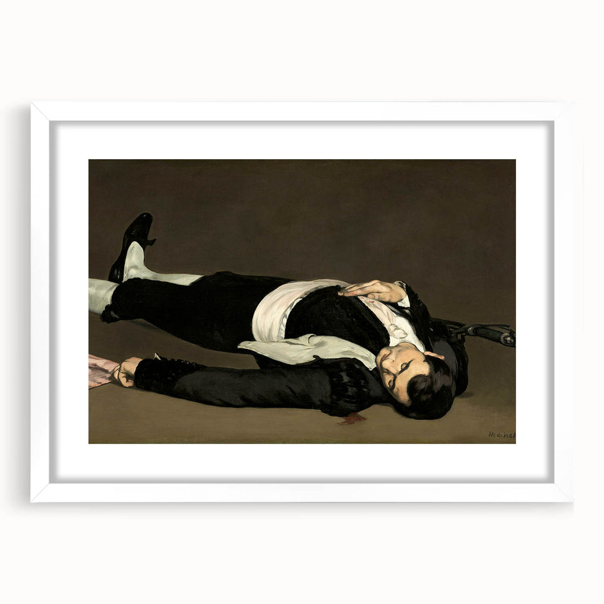 Abstract art print of a café scene in muted earth tones on a white framed canvas, suitable for dining room decor.