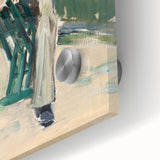 Mid-century modernist abstract design on acrylic glass, featuring swirling blue and gray tones, ideal for dining room art.