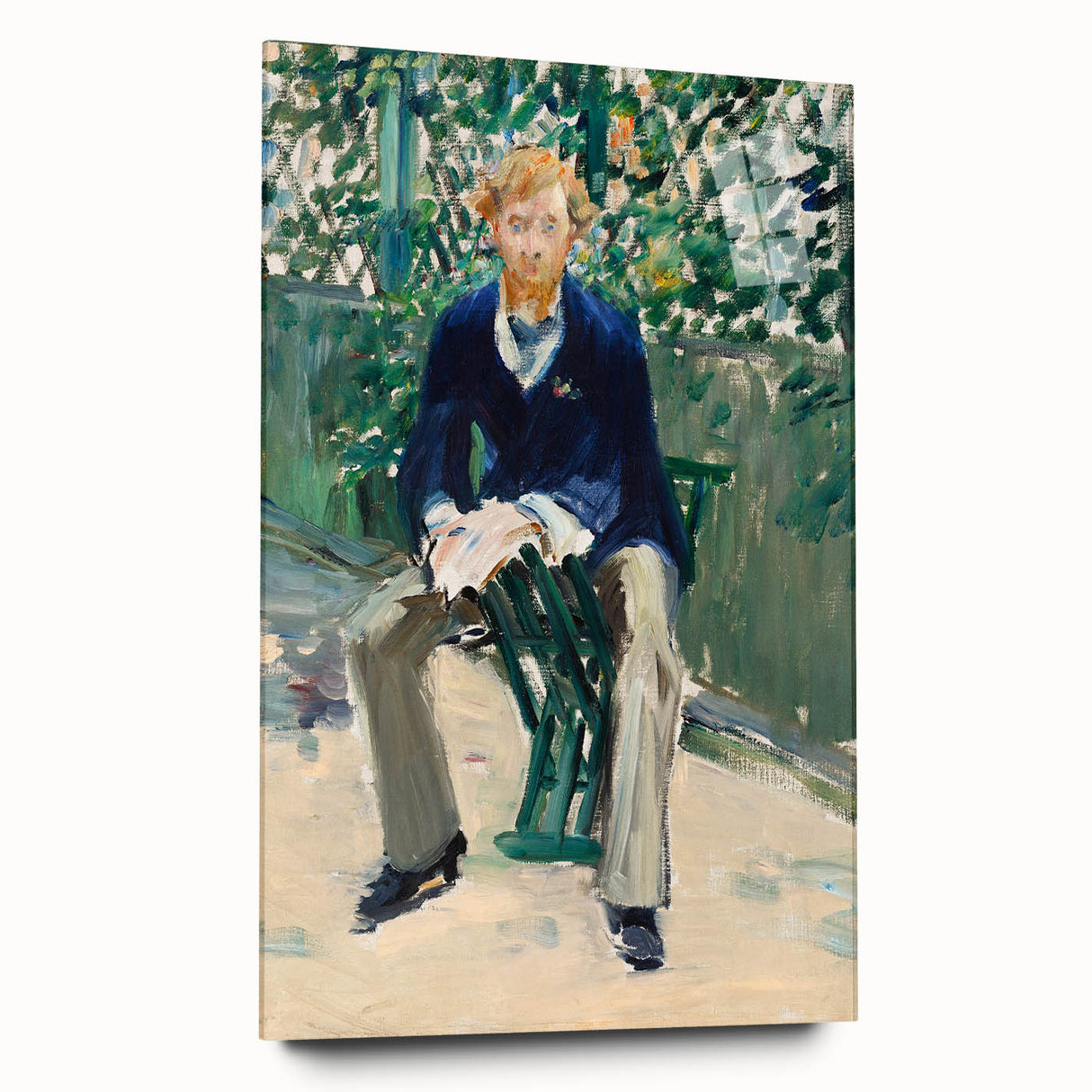 Side view of an Edouard Manet-inspired large abstract wall art on acrylic glass, featuring muted earthy tones.