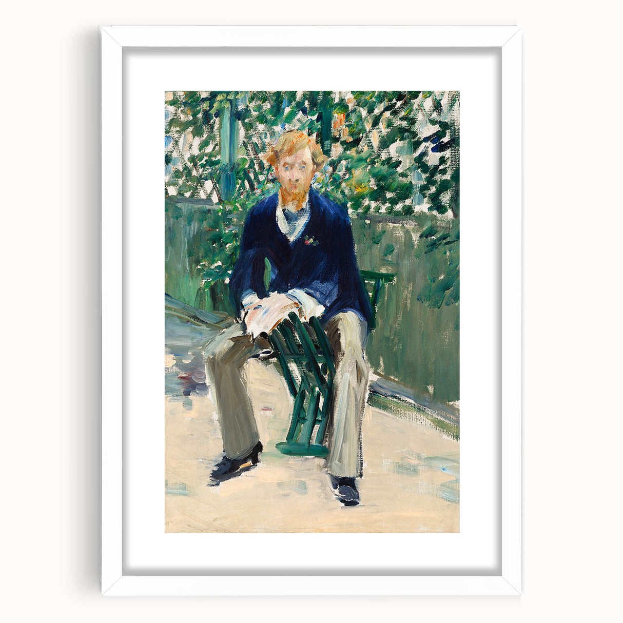 Abstract art print of a serene seascape in muted blue and grey tones on a framed white mat, ideal for dining room decor.