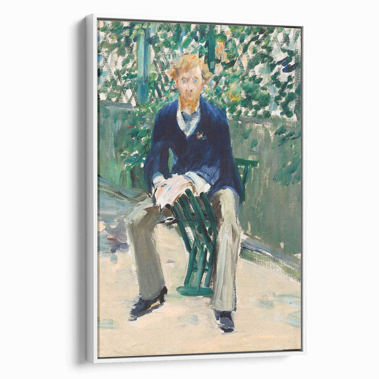 Vintage poster art of a colorful Edouard Manet design on a large framed canvas, ideal for living room decor.