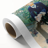 Art Deco-style poster of a tranquil lake scene in pastel blue and green tones, perfect for nursery wall art.