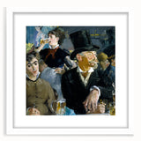 Abstract art print of a vibrant, multicolored cityscape on a white-framed canvas, suitable for bedroom or dining room decor.