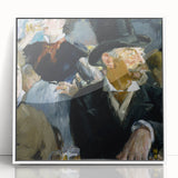 Art deco poster of Edouard Manet’s design, in a white acrylic frame, displaying soft pastel shades.