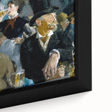 Close-up of a textured, extra large black wall art piece featuring colorful, impressionistic brush strokes on framed canvas.