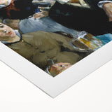 Art deco poster featuring a vintage Edouard Manet design in muted tones on rolled canvas, ideal for dining room wall art.