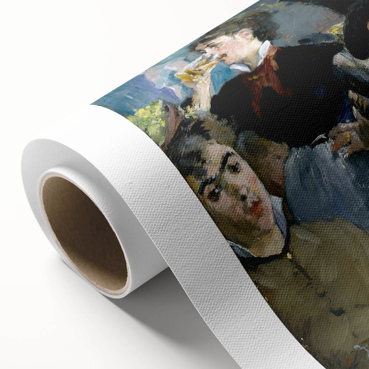 Art Deco style poster of a tranquil park scene on rolled canvas, featuring soft green and beige tones.